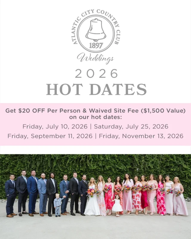 NEW 2026 Hot Dates Available π₯
If youβre dreaming of saying βI doβ at the historic Atlantic City Country Club, we have great news! Secure your spot for one of our select 2026 dates and enjoy $20 off per person and a waived ceremony site fee.
Fri, July 10 | Sat, July 25 | Fri, Sept. 11 | Fri, Nov. 25
Start planning your dream wedding today!
π±609-236-4400 ext. 3
π§ events@accountryclub.com
#weddingvenue #njwedding #atlanticcitycountryclubwedding #atlanticcitycountryclub